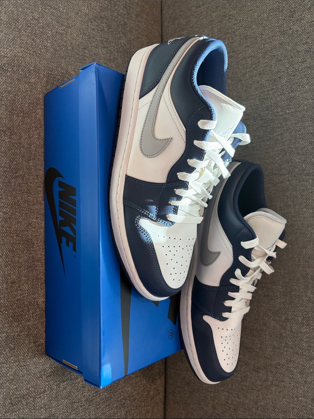 Nike Jordan 1 Low Sneakers in Wolf Grey/White/Midnight Navy- Size 11